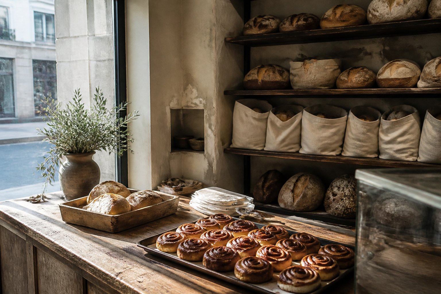 Wooden bakery counter with cinnamon rolls and flour-dusted loaves