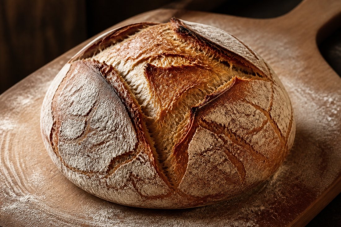 Round country loaf on a wooden peel